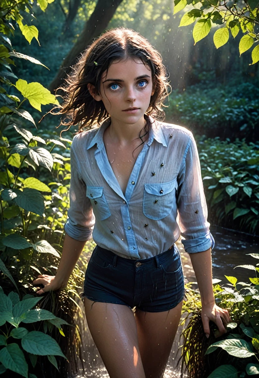 (Realystic:1.4), analog photo style, depths of field, (dark-haired Lightfoot Halfling with blue eyes, wearing a linen shirt), (small leaves and insects got tangled in wet hair), wide waist, (her full body is a visual pleasure), view from above, extremely sexy, dark fantasy atmosphere, deep shadows with the some sun rays, a delicate balance between reality and fantastic, faded colours, great quality, Masterpiece, blurred gloomy background, naturally cinematic light, 16k quality, kodak porta 400, bokeh.