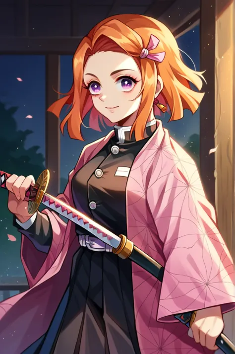 a beautiful young girl with short black and orange hair, wearing a demon slayer uniform with a black jacket and pleated skirt. s...