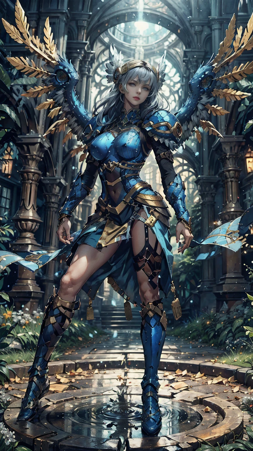 Lenneth from 'Valkyrie profile', BREAK: bright_gold_trimmed_sapphire_blue_plate mech4rmor, (boob window in armor), thigh cutout, long skirt, BREAK: standing, contrapposto stance, light smile, castle ruins, fluffy snow falls, BREAK: intricately detailed eyes, detailed face, detailed hands, cinematic lighting, moody atmosphere, (16k, absurdres, masterpiece, best quality), wings