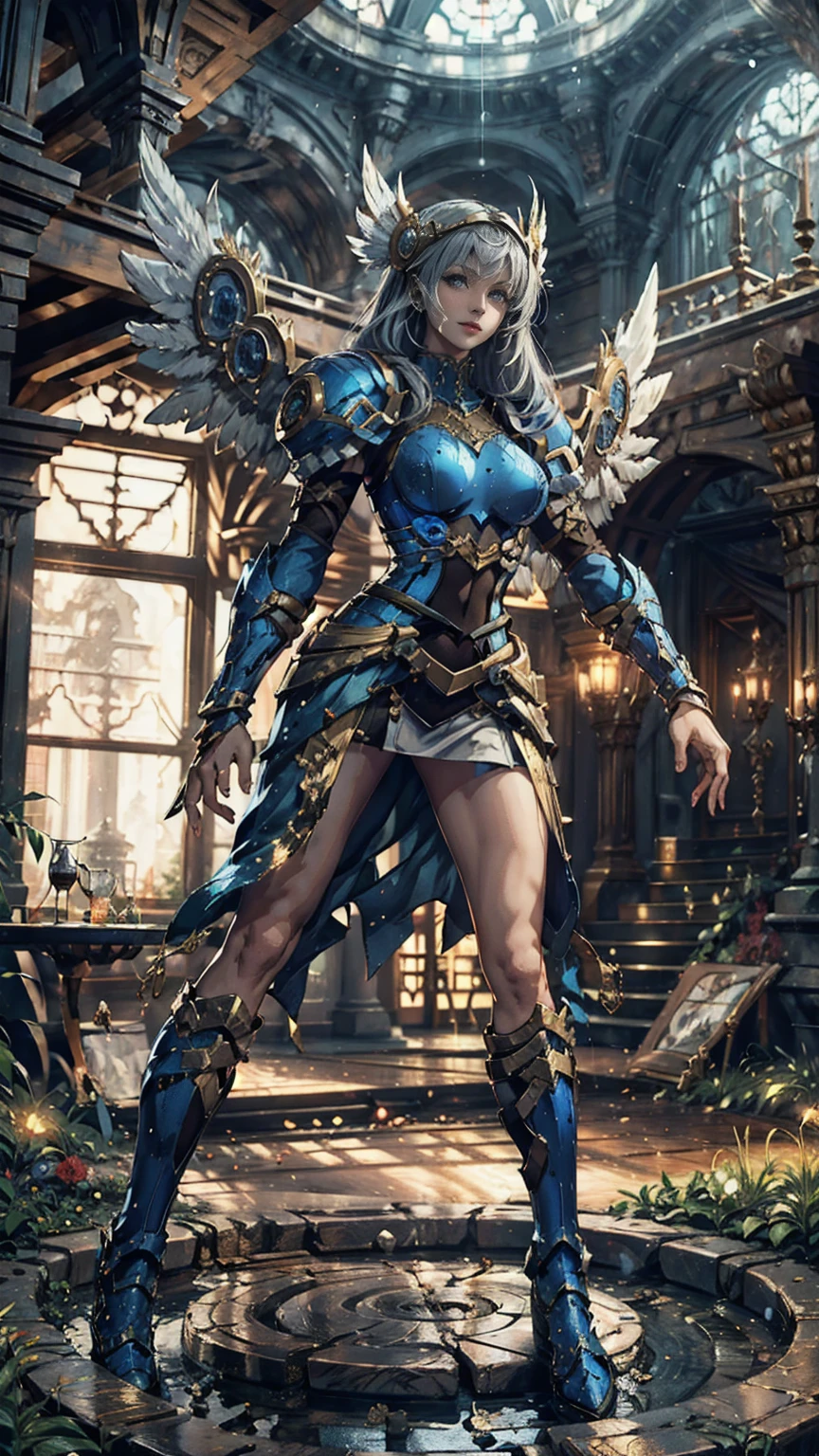 Lenneth from 'Valkyrie profile', BREAK: bright_gold_trimmed_sapphire_blue_plate mech4rmor, (boob window in armor), thigh cutout, long skirt, BREAK: standing, contrapposto stance, light smile, castle ruins, fluffy snow falls, BREAK: intricately detailed eyes, detailed face, detailed hands, cinematic lighting, moody atmosphere, (16k, absurdres, masterpiece, best quality), wings