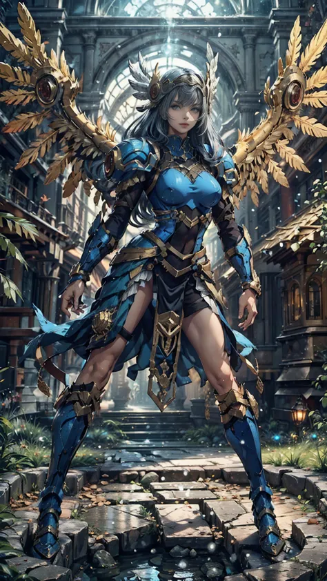 lenneth from 'valkyrie profile', break: bright_gold_trimmed_sapphire_blue_plate mech4rmor, (boob window in armor), thigh cutout,...