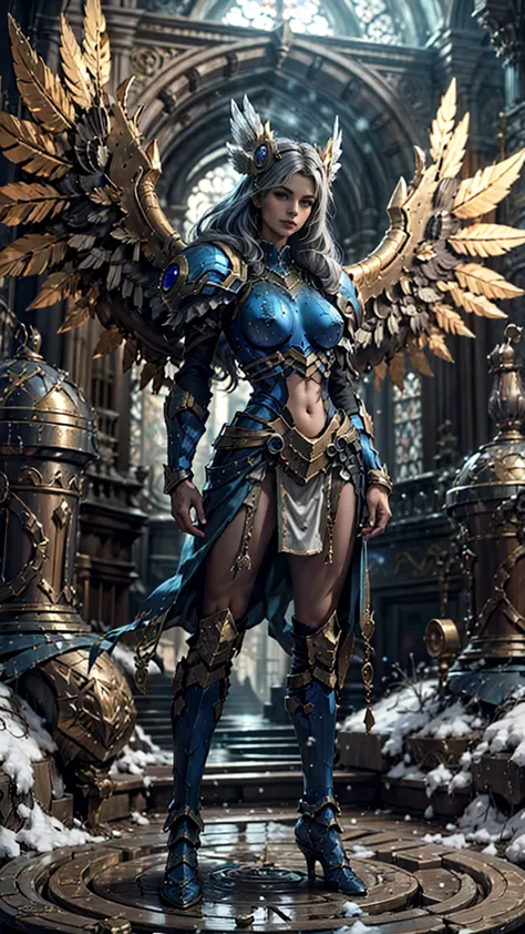 lenneth from 'valkyrie profile', break: bright_gold_trimmed_sapphire_blue_plate mech4rmor, (boob window in armor), thigh cutout,...