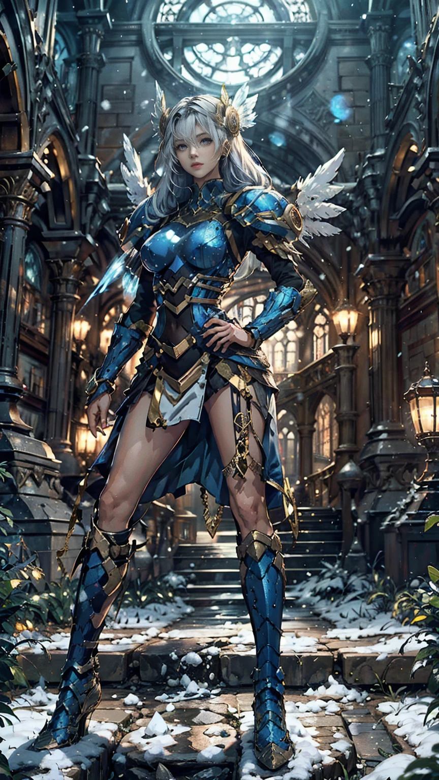 Lenneth from 'Valkyrie profile' hip-length white hair in loose braid, BREAK: bright_gold_trimmed_sapphire_blue_plate mech4rmor, (boob window in armor), thigh cutout, long skirt, BREAK: standing, contrapposto stance, light smile, castle ruins, fluffy snow falls, BREAK: intricately detailed eyes, detailed face, detailed hands, cinematic lighting, moody atmosphere, (16k, absurdres, masterpiece, best quality), wings