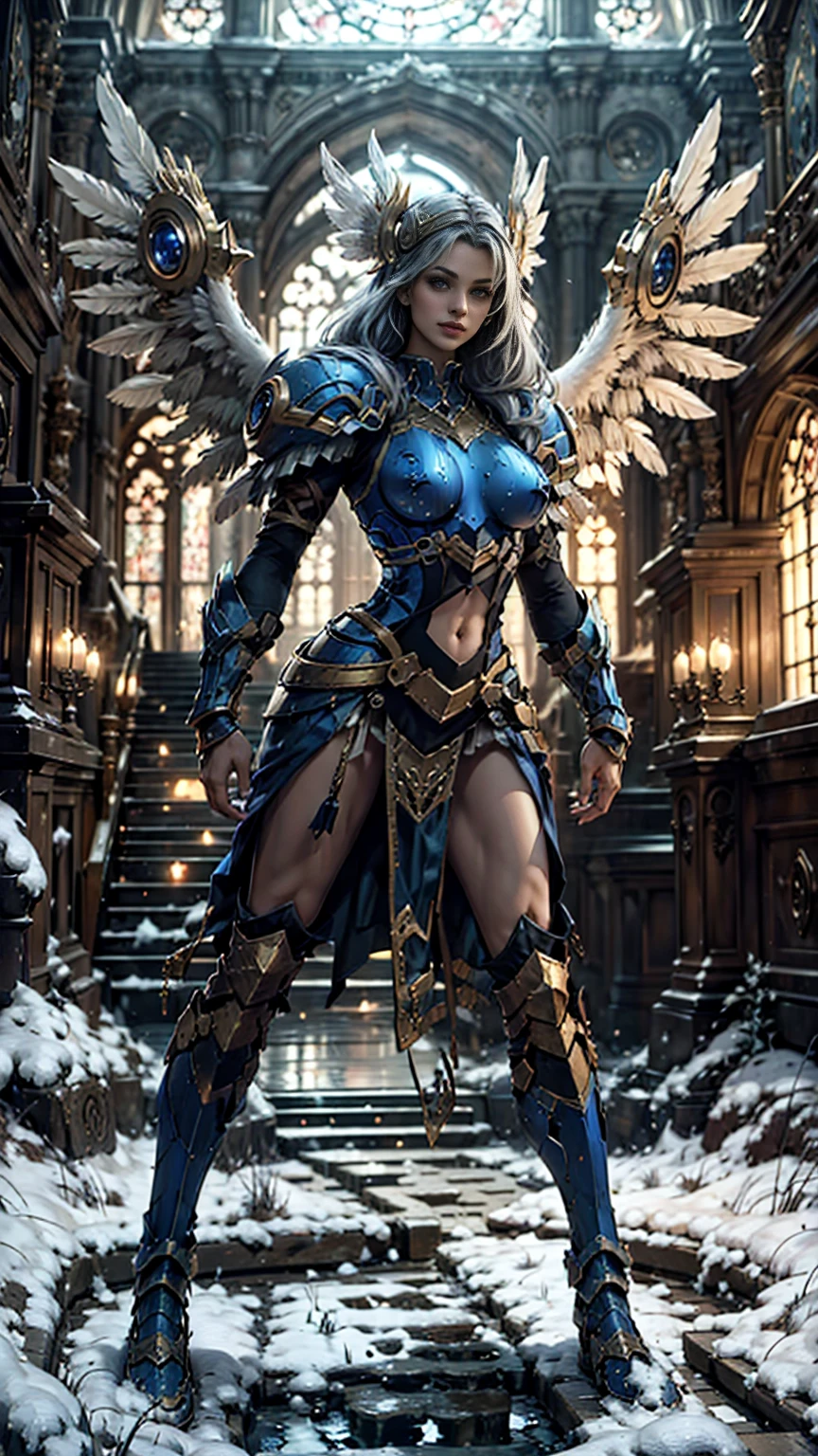 Lenneth from 'Valkyrie profile', BREAK: bright_gold_trimmed_sapphire_blue_plate mech4rmor, (boob window in armor), thigh cutout, long skirt, BREAK: standing, contrapposto stance, light smile, castle ruins, fluffy snow falls, BREAK: intricately detailed eyes, detailed face, detailed hands, cinematic lighting, moody atmosphere, (16k, absurdres, masterpiece, best quality), wings