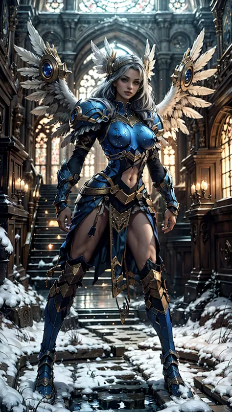 lenneth from 'valkyrie profile', break: bright_gold_trimmed_sapphire_blue_plate mech4rmor, (boob window in armor), thigh cutout,...