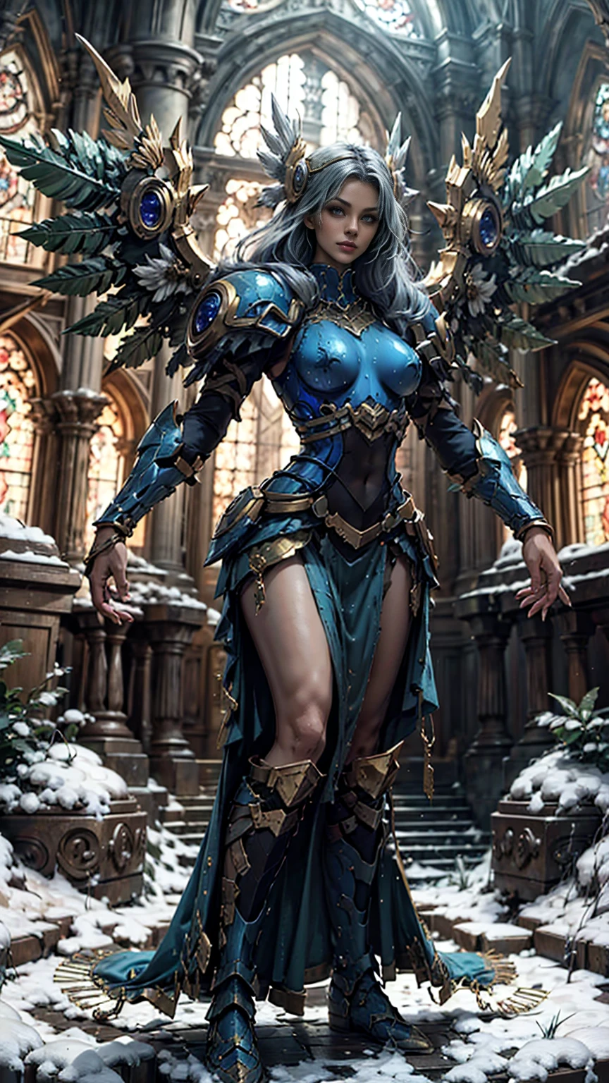 Lenneth from 'Valkyrie profile', BREAK: bright_gold_trimmed_sapphire_blue_plate mech4rmor, (boob window in armor), thigh cutout, long skirt, BREAK: standing, contrapposto stance, light smile, castle ruins, fluffy snow falls, BREAK: intricately detailed eyes, detailed face, detailed hands, cinematic lighting, moody atmosphere, (16k, absurdres, masterpiece, best quality), wings