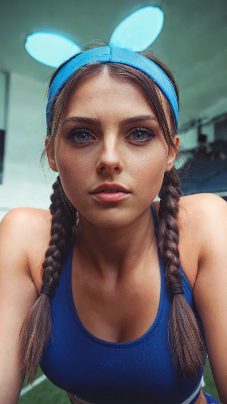 there is an estonian  woman with a blue top, hair in pigtails, realistically rendered face, realistic detailed face, halfbody headshot, detailed realistic face, ealistic self portrait, extremely realistic face, there is an estonian female track and field athlete in a competition outfit, fit pic, tinyest midriff ever, feminine, busty, seductive, photoshoot, in the stadium, RAW photo, editorial photograph, film stock photograph, cinematic, posing, amateur photo, analog, raw, f2, 35mm, an (amateur photo), flash photography, polaroid, 8k, highly detailed, (high quality, best quality:1.3), Extremely high-resolution, film grain, ((macro lens)), ((focused on eyes)), feminine expressions, photography, dslr, 35mm, 8k, UHD, woman,