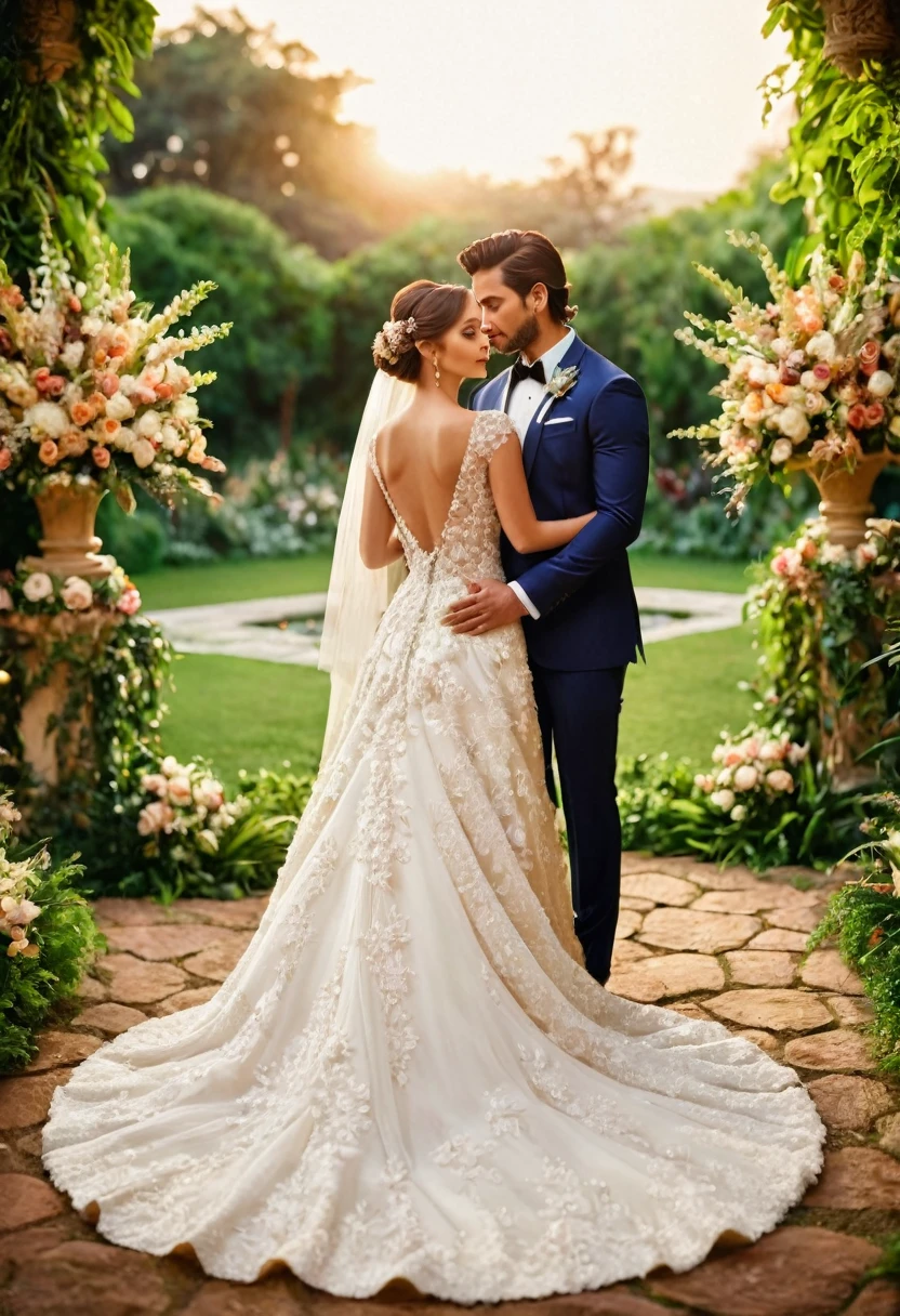 realistic photography, masterpiece, best quality, high resolution, 1 bride and groom, detailed wedding dress, elegant bride, handsome groom, romantic couple, stunning wedding ceremony, beautiful bouquet, lush garden background, dreamy lighting, warm color palette, intricate floral arrangements, luxurious wedding decor, photorealistic, cinematic lighting