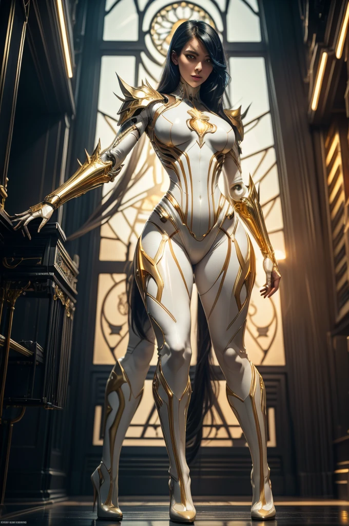 ultra high resolution, sharp features ,highly detailed beautiful organic molding, art nouveau, beautiful young woman,  white glazed body, whole body, wide hips, thick thighs, high heeled boots, Cybernetics, cypernetic arms, sharp focus, dynamic lighting, elegant harmony, beauty, evolution to robot, electrical and mechanical parts of the body, LED, full body human cyberpunk, perfect eyes, perfect pupils, gold and blue, artgerm, dim dusk, atmospheric lighting, 8K,  wideangle,  view from below--sameseed762442603