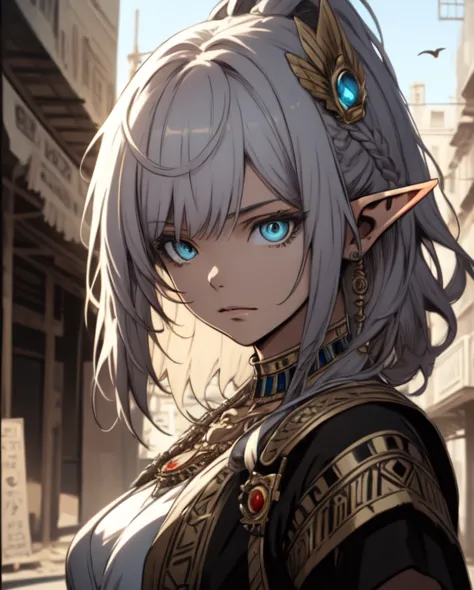 ((best quality, 8k, masterpiece :1.3)), young elf woman,  bangs, sidelock, braid, silver hair, bright eyes, egypt concept, egypt...