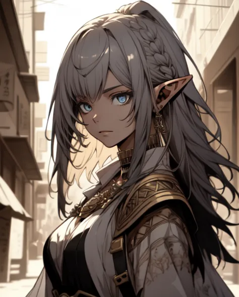 ((best quality, 8k, masterpiece :1.3)), young elf woman,  bangs, sidelock, braid, silver hair, bright eyes, egypt concept, egypt...