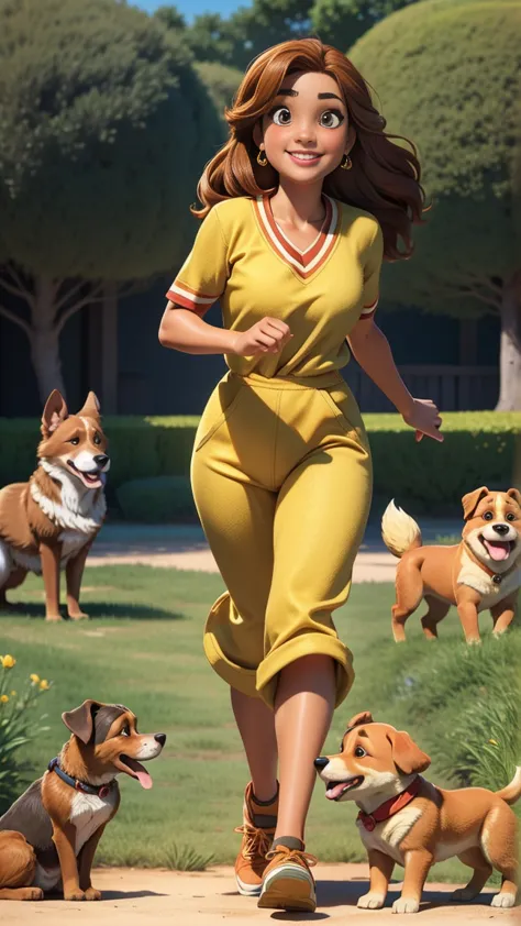 a 3d disney pixar-style animation image showing a female with light brown skin, dark long hair, with her 4 labradors, one a seni...