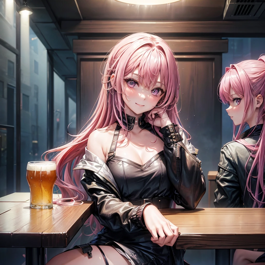 masterpiece, best quality, ((3 girls)), ((multiple women)), ((sitting beside girls)), sitting, ((club background)), pink hair, knowing look, smile, sultry eyes, trendy outfit, ((directly across from viewer)), ((table in front)), table, mug, beer, ((booth seating))