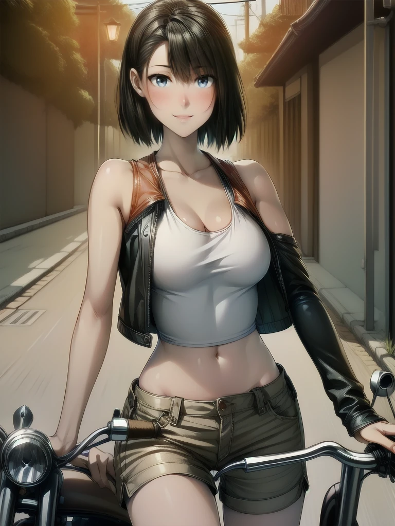 (cowboy shot), (Perfect Anatomy, top-quality, The ultra -The high-definition, high resolution, extremely detailed CG, 8K Unit Wallpapers), 26-year-old lady, solo, beautiful detailed eyes, black hair, short bob hair, blunt bang, (small breasts, statuesque slender body, athletic), gleaming skin, oily skin, (punk fashion, leather jacket, Tank top, micro shorts), (drive a motorcycle,Harley-Davidson), on road, Tokyo, at night, (vivid colors), (deep shadows)