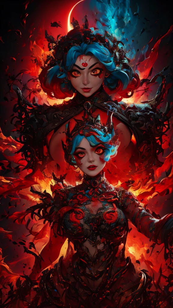 (fauvism art:1.2), (style of Alberto Seveso:1.4), woman with flaming body and a fierce expression, (hateful expression:1), sparking fire red eyes, hell, nobody can flee, dark lava theme, colorful, visually stunning, beautiful, gorgeous, emotional, intricate, perferct shading