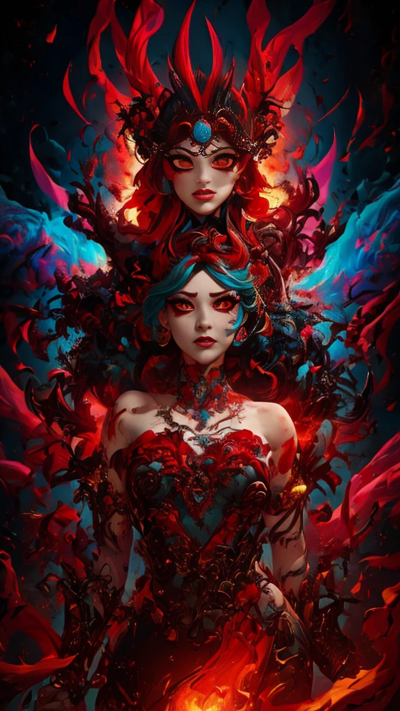 (fauvism art:1.2), (style of Alberto Seveso:1.4), woman with flaming body and a fierce expression, (hateful expression:1), sparking fire red eyes, hell, nobody can flee, dark lava theme, colorful, visually stunning, beautiful, gorgeous, emotional, intricate, perferct shading