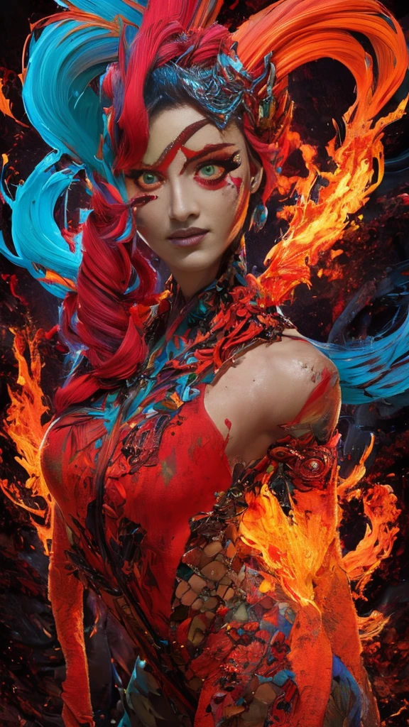 (fauvism art:1.2), (style of Alberto Seveso:1.4), woman with flaming body and a fierce expression, (hateful expression:1), sparking fire red eyes, hell, nobody can flee, dark lava theme, colorful, visually stunning, beautiful, gorgeous, emotional, intricate, perferct shading