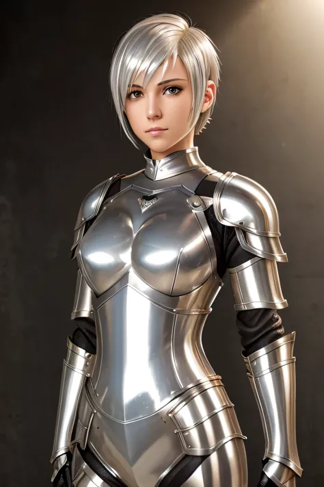 highest quality,highest resolution,(((metallic shiny armor　silver hair　short hair)))　knight　expressionless　flat chest　woman　cool