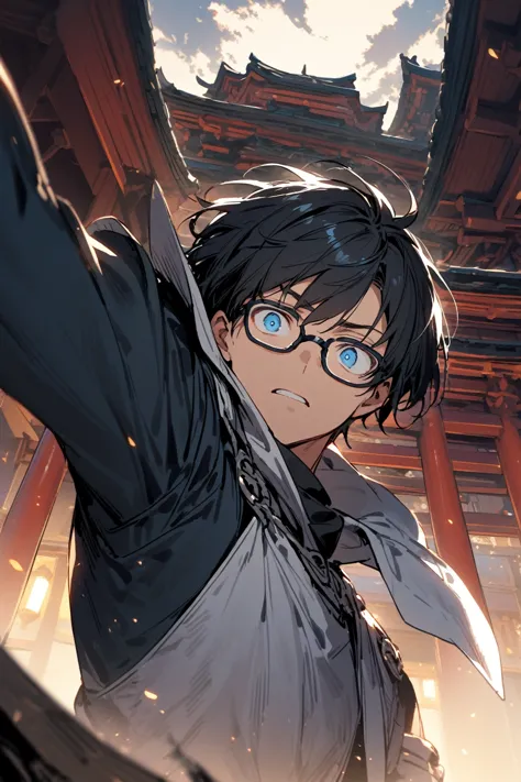 1 boy, alone, upper body,wearing glasses,dynamic angle,dynamic pose,sharp eyes,
black hair, short hair ,blue eyes, knight costum...