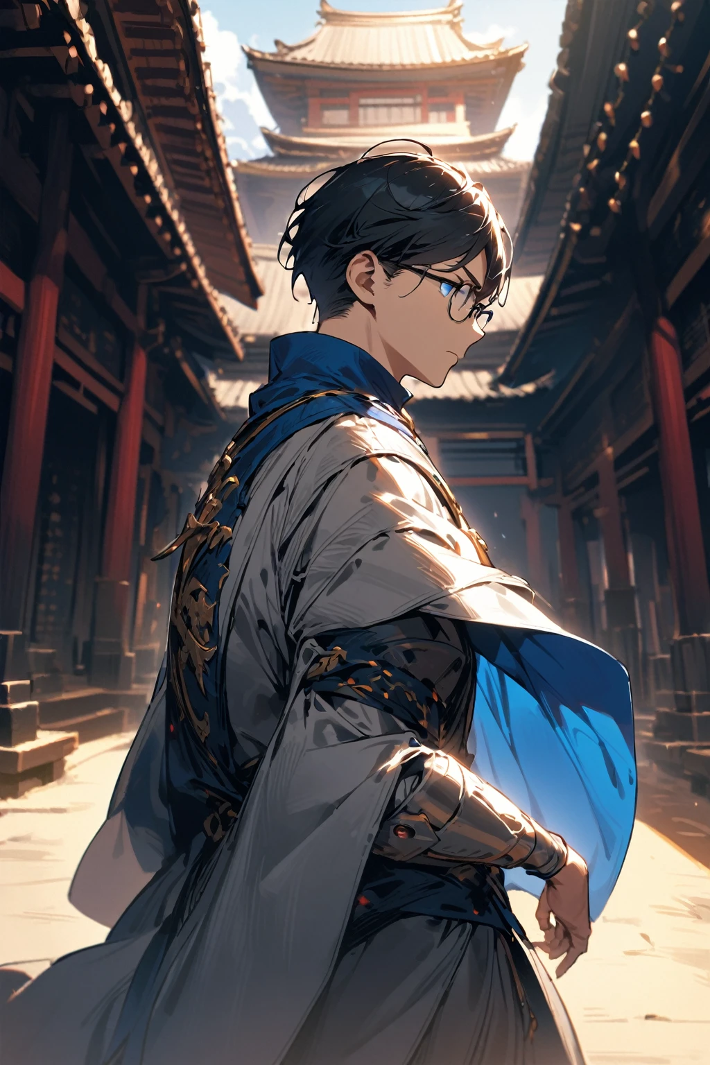 1 boy, alone, Upper body,wearing glasses,dynamic angle,dynamic pose,sharp eyes,
black hair, short hair ,blue eyes, knight costume,japanese temple background ,wearing glasses, 