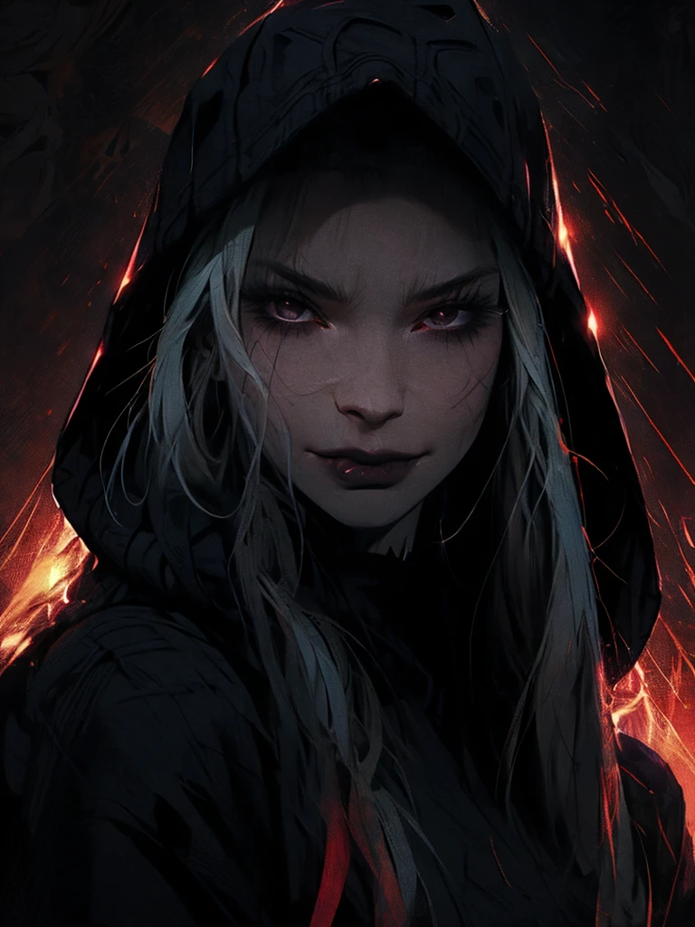 Close-up portrait of a young woman with a rebellious and defiant expression. His face is in the foreground, softly and dimly lit, highlighting her light skin. He wears a black hood that covers most of his head., leaving only his mouth and tongue visible. About the hood, A white cross stands out at the top, contrasting with the dark fabric. the woman has her mouth open, showing a wide, provocative smile while sticking her tongue out, creating a bold and defiant effect. The light is subtle, with soft shadows that add a dramatic touch to the face and hood. The style is hyperrealistic, capturing the details of the fabric texture, Shiny teeth and wet tongue,The hood covers his eyes and nose,only the mouth visible