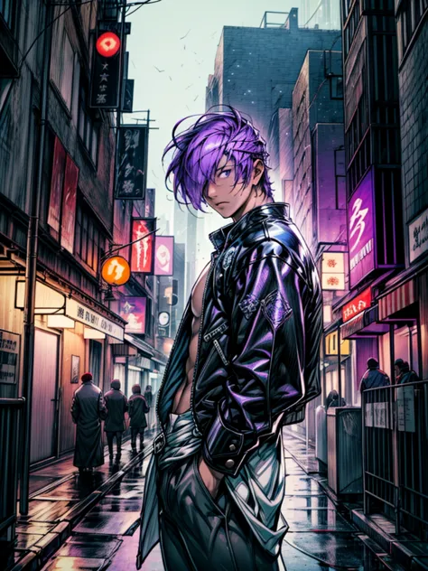 one boy,hair on one eye,redhead,short hair,purple flame,fantasy world,isekai,new york street,