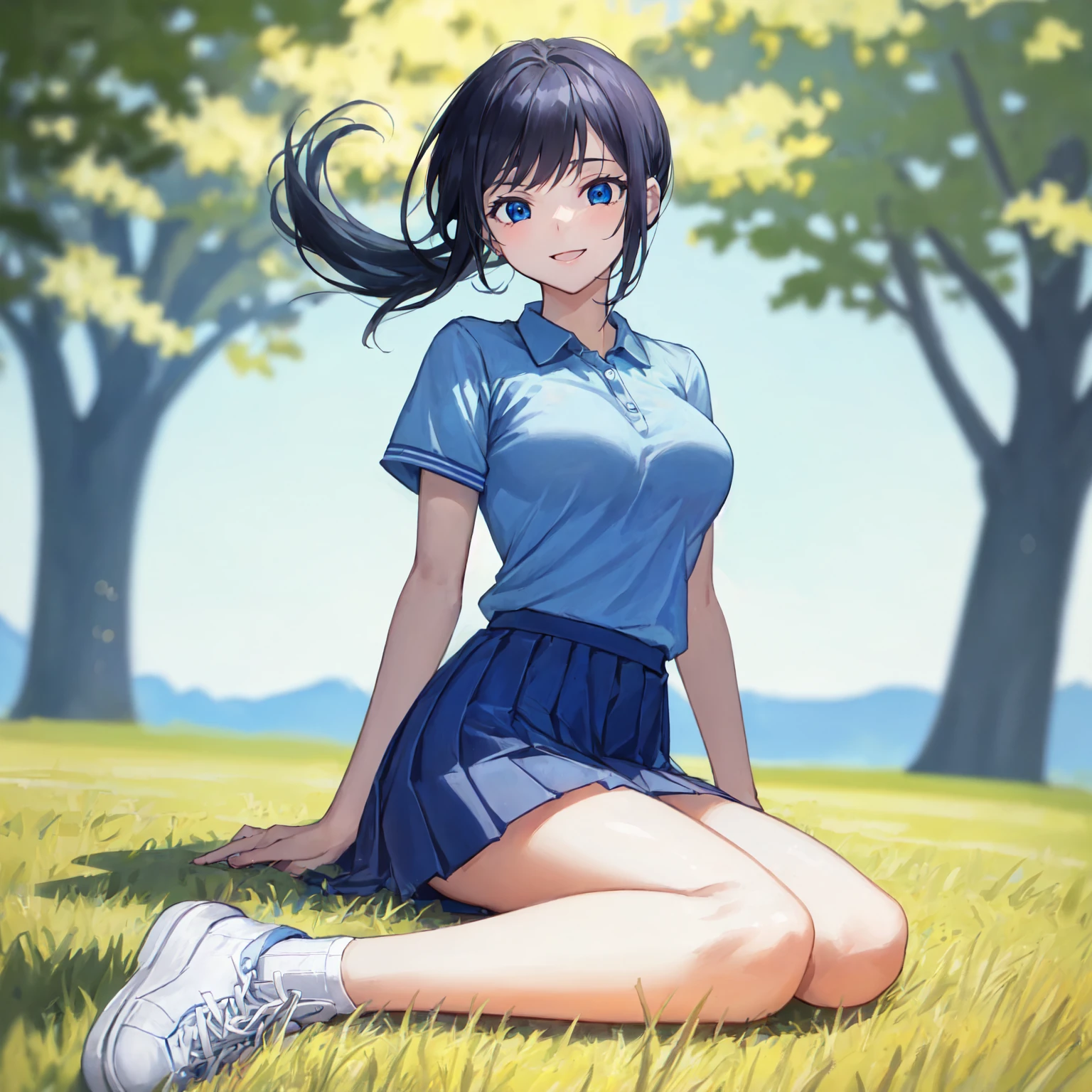 (pencil art:1.3),masterpiece, Highest quality,pastel color,{{beautiful blue eye1:4}},back high school,look away,sneakers,smile,polo shirt,(Masterpiece:1.5, Best Quality),blue polo shirt,light grey pleated skirt,Lower ponytail,Dutch Angle, {{black hair}} , (Depth of Field), Dynamic Posture,{{beautiful medium size breasts1:4}},{{beautiful blue eye1:4}},photorealistic 1;4, high quality panties, top quality, {{beautiful butt}}, cute girl, high quality background, BREAK, BREAK, 5 fingers