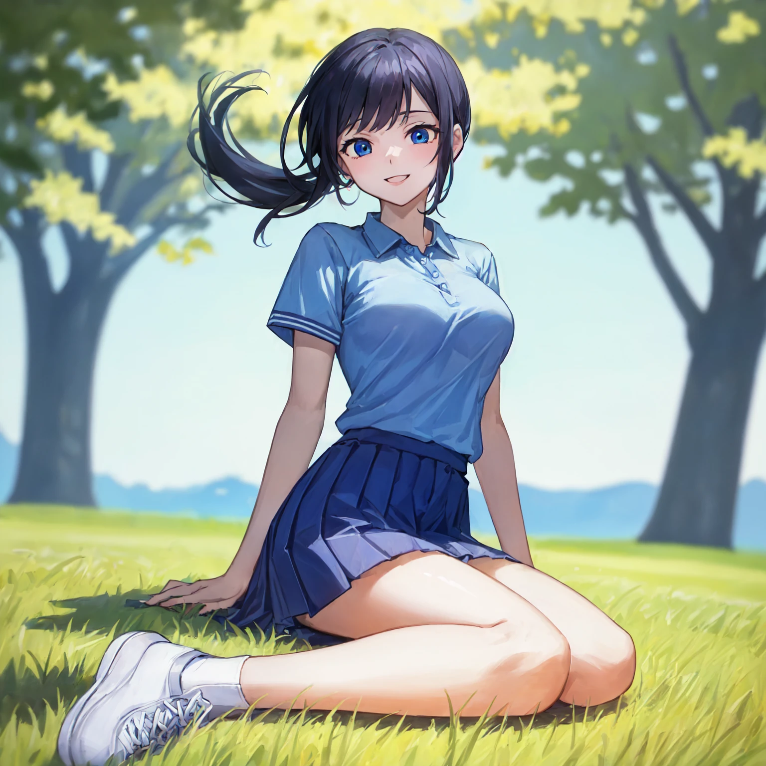 (pencil art:1.3),masterpiece, Highest quality,pastel color,{{beautiful blue eye1:4}},back high school,look away,sneakers,smile,polo shirt,(Masterpiece:1.5, Best Quality),blue polo shirt,light grey pleated skirt,Lower ponytail,Dutch Angle, {{black hair}} , (Depth of Field), Dynamic Posture,{{beautiful medium size breasts1:4}},{{beautiful blue eye1:4}},photorealistic 1;4, high quality panties, top quality, {{beautiful butt}}, cute girl, high quality background, BREAK, BREAK, 5 fingers