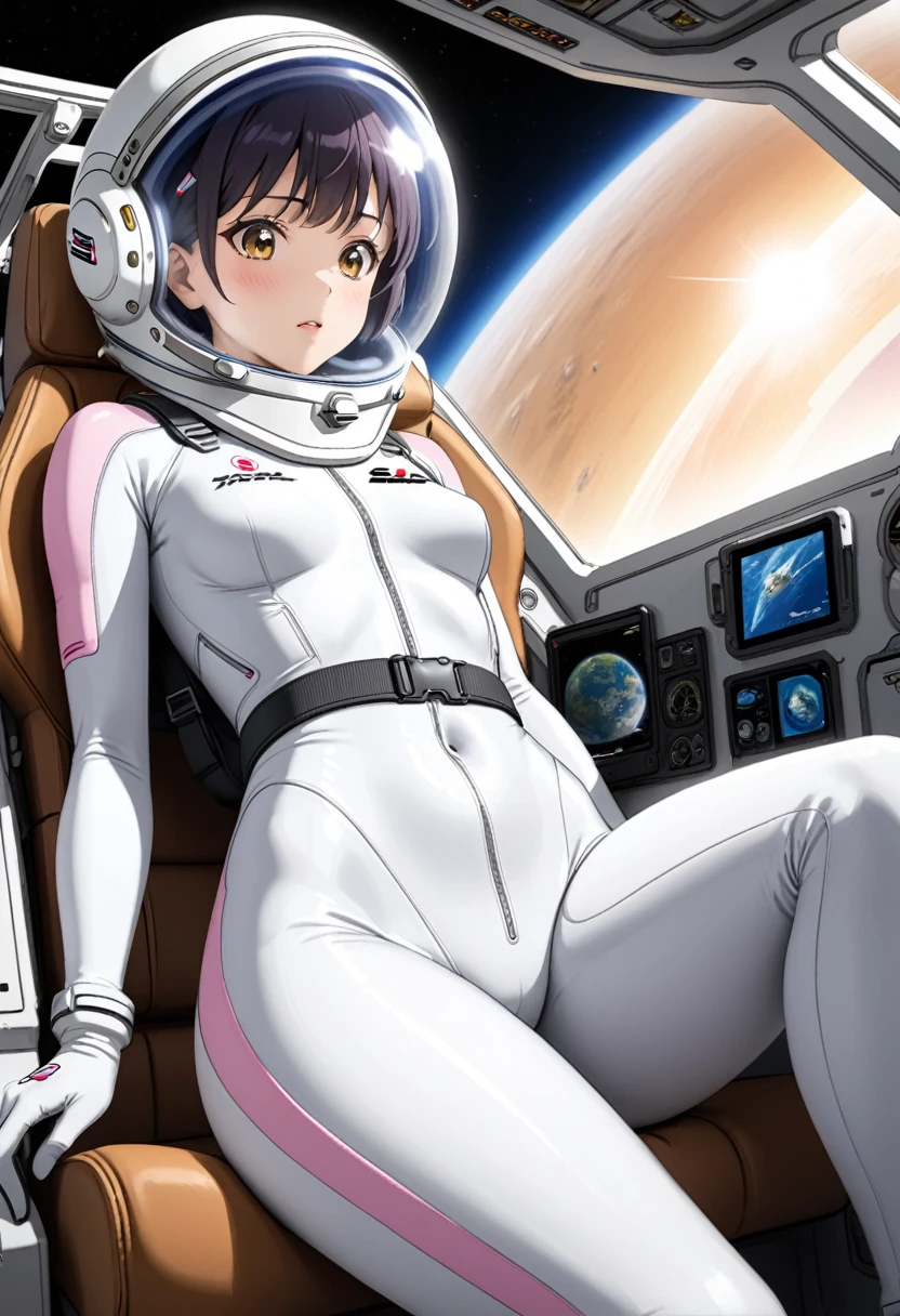 (Spacesuit:1.15), White Cargo Pants, Space Helmet , , 狭いSpaceship内, masterpiece, Highest quality, 1人of, alone, short hair, , , , , Bodysuits,Backpack, From below, baburuherumetto, short hair, internal (cockpit) of (Spaceship:1.6), , blush,Sit in your seat,Seat belt, Covered navel, short hair, Stingy, From below,slim,Small breasts