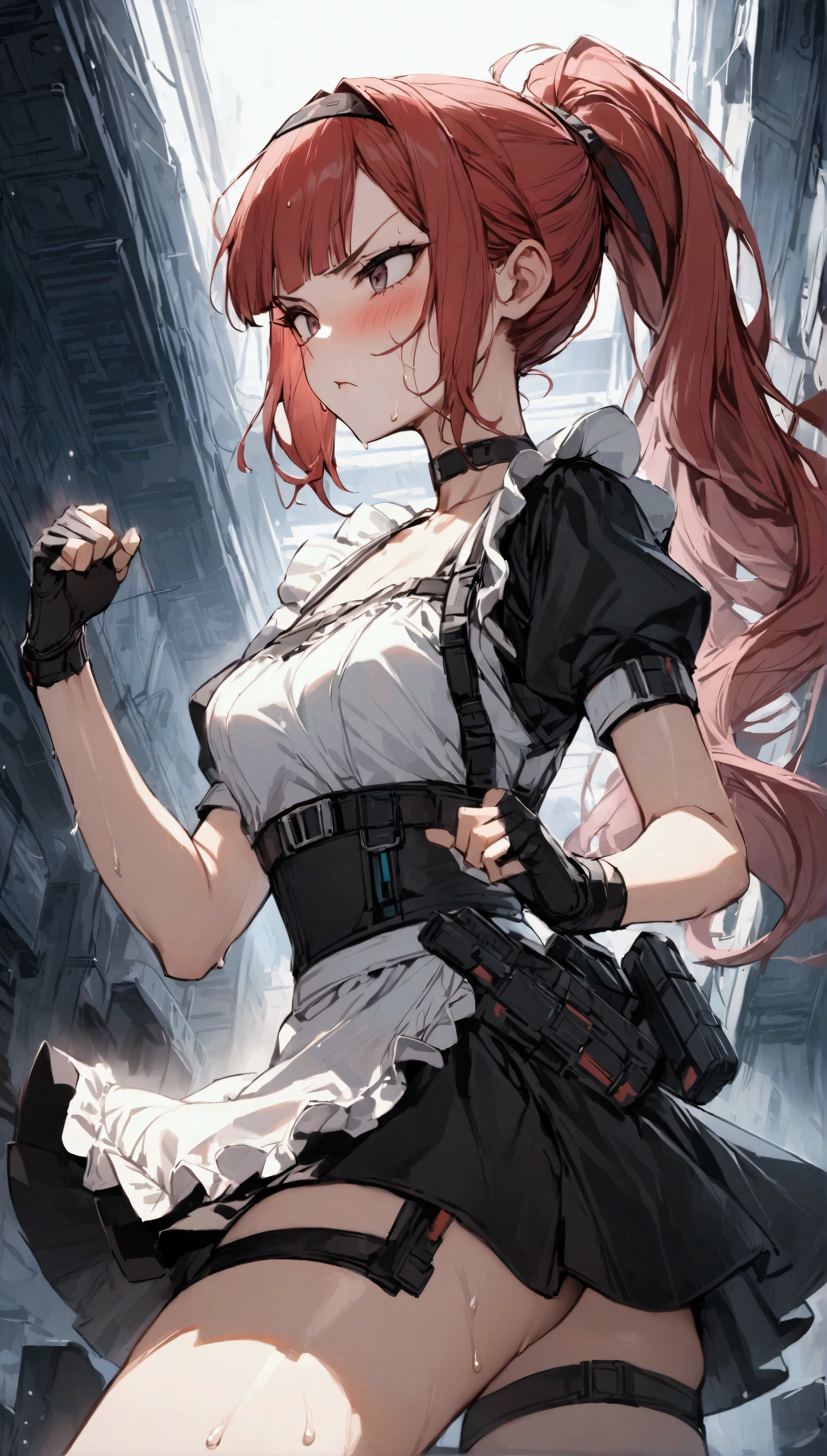 from side,cowboy shot,1girl solo,Female fighter ,maid outfit, ,{{White frilled apron:1.6}},collarbone, {{white puff sleeves:1.4}}, {{White short-sleeved puff-sleeved blouse:1.6}},,black shoulder straps, black corset, black flared skirt, blunt bangs, black choker. Dynamic composition,dutch angle,fighting stance,{{fight}},{{masterpiece}}, {{{Highest quality}}},{{Very detailed}},holster　,Fight,,{{v-shaped eyebrows}},Bad mood,blush,Sweat,raise one's eyebrows　,RED hair , Long hair,Blunt bangs　, hair band,cyberpunk　,Black fingerless gloves　,ponytail,Training area,Indoor