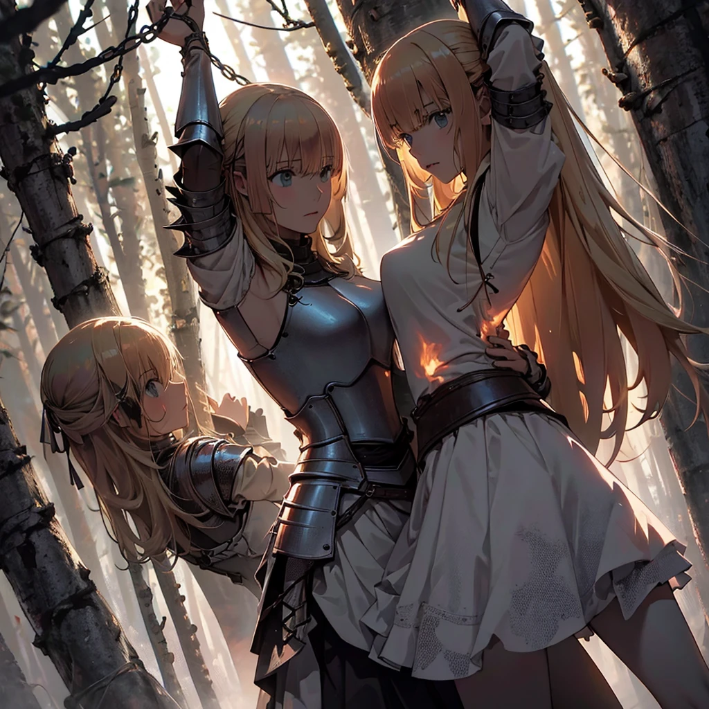 A group of  female knight, (in the forest), Mr.々Hair style, Harem, Wearing armor, metal armor, night, Detailed aspect, , Short skirt, Seduce, sword, Tied up, BDSM