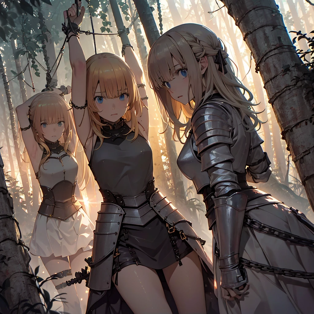 A group of  female knight, (in the forest), Mr.々Hair style, Harem, Wearing armor, metal armor, night, Detailed aspect, , Short skirt, Seduce, sword, Tied up, BDSM