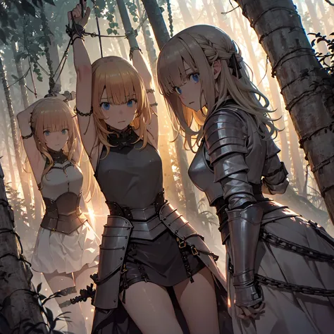 a group of  female knight, (in the forest), mr.々hair style, harem, wearing armor, metal armor, night, detailed aspect, , short s...