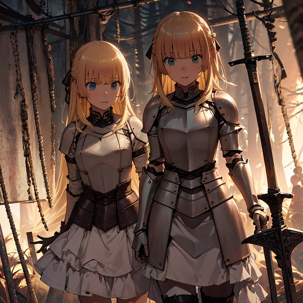 A group of  female knight, (in the forest), Mr.々Hair style, Harem, Wearing armor, metal armor, night, Detailed aspect, , Short skirt, Seduce, sword, Tied up, BDSM