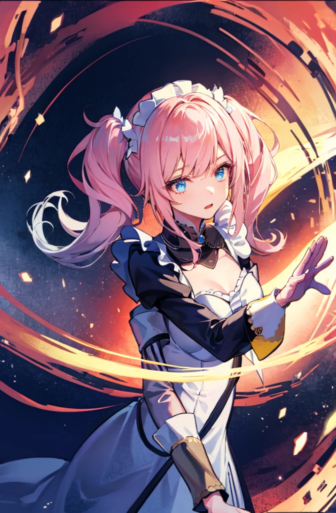 1 girl，rose，Upper body，pink long hair,high twin tail,((White Maid Costume)),blue eyes,Blunt bang,((whole body)),whole body,((dynamic pose)),((dynamic angle)),