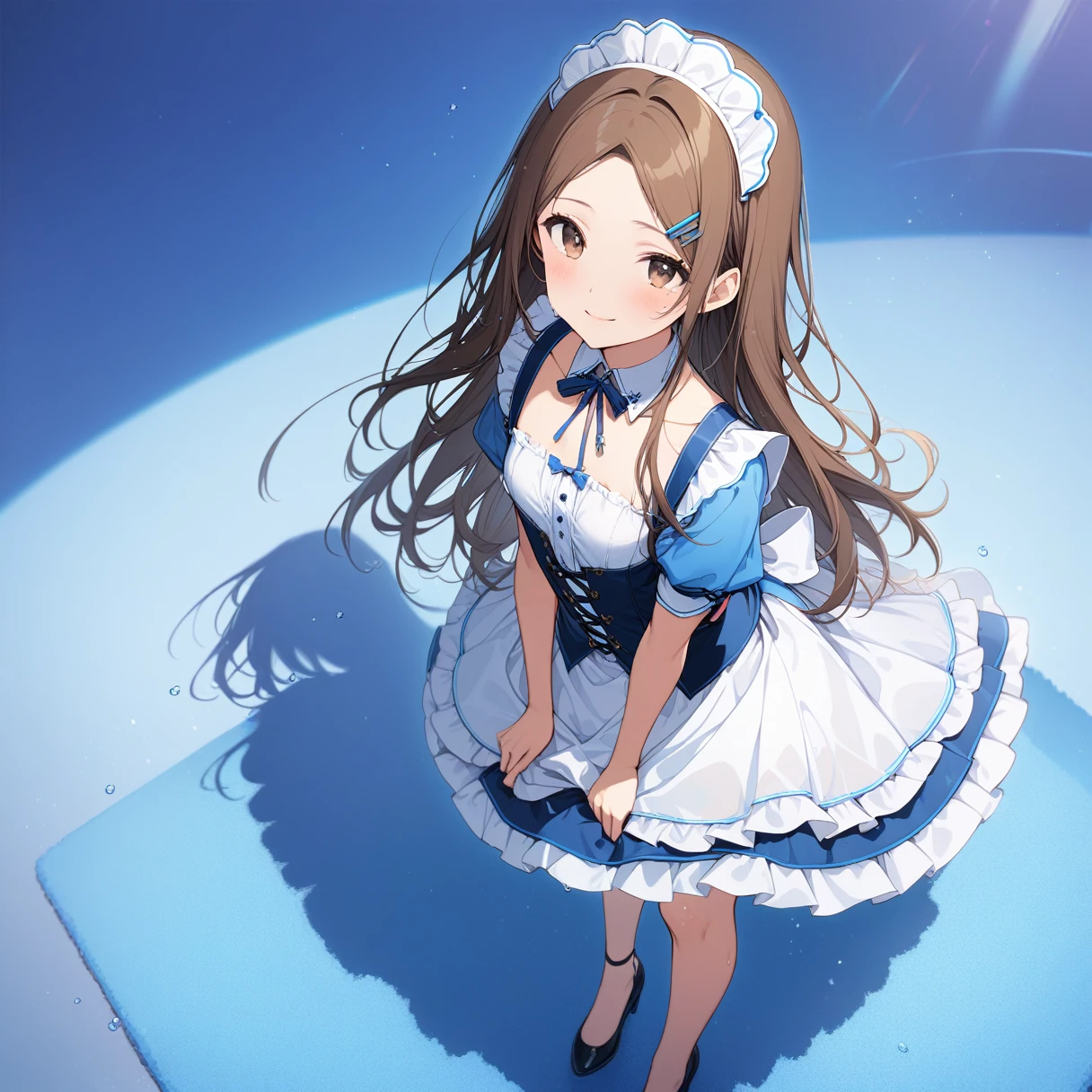 (masterpiece), (Highest quality), High resolution, (Very detailed), (Best illustrations), (Best Shadow), (so beautiful), (very cute), (Absurd), (Blue background), (Blue Room), (Blue carpet), Round face shape
(Highly detailed face), Perfect limbs, Intricate details顔, 

（Minase Iori）, 14 year old girl, 
Dark brown hair, Long Hair, amount, Hair Clip, Brown eyes, ribbonが付いてるのヘアバンド, 
Beautiful breasts, Small breasts, Shyness, smile, Pitiful, Her behavior is very quiet., 
 
Perfect limbs, Perfect Anatomy, Thin legs, Intricate details, Five perfect fingers, One person, so beautiful少女, very cute少女,Big eyes, slender, Tight waist, 

Beautiful Skin, Wet, sexy,Charm, whole body, 
(One person、solo:1.3), Full Shot, panoramic, 

Erotic, , 
French maid outfit, Short skirt, ribbon, 
Underwear with pink stripes, White frilly underwear, 小さいribbonが付いてる下着,

Beautiful legs standing with slightly open legs, Front view, slightly above, 