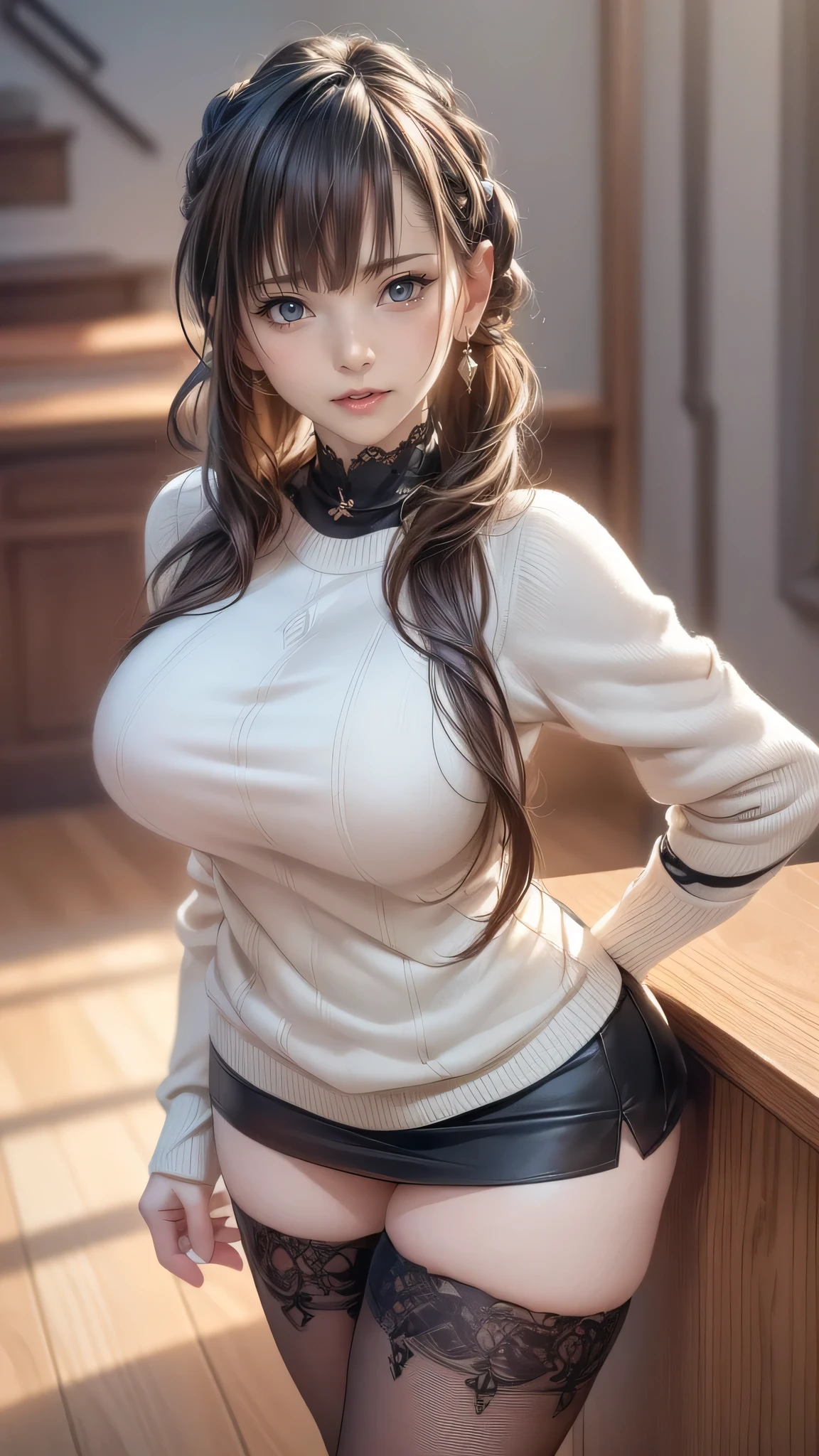 (random porn pose),(random hairstyle),(Highest image quality,(8k),ultra-realistic,best quality, high quality, high definition, high quality texture,high detail,beautiful detailed,fine detailed,extremely detailed cg,detailed texture,a realistic representation of the face,masterpiece,Sense of presence),sweater,tight mini skirt,stockings,Engineer boot