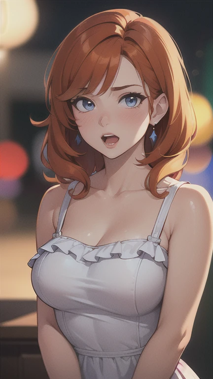 (avergonzado, redhead, orange hair, WeriArt style, 1 girl, blush, upper body, extremely detailed eyes, collarbones, ruffled dress, open mouth, best quality, 4k, 8k, highres, masterpiece:1.2, ultra-detailed, realistic, photorealistic:1.37, HDR, UHD, studio lighting, ultra-fine painting, sharp focus, physically-based rendering, extreme detail description, professional, vivid colors, bokeh)