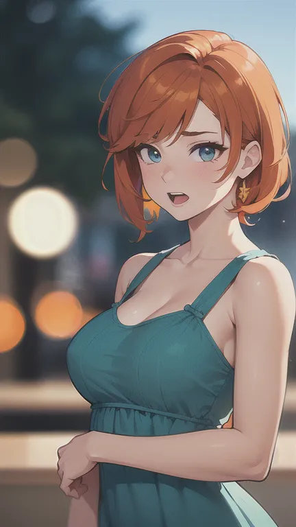 (avergonzado, redhead, orange hair, weriart style, 1 girl, blush, upper body, extremely detailed eyes, collarbones, ruffled dres...