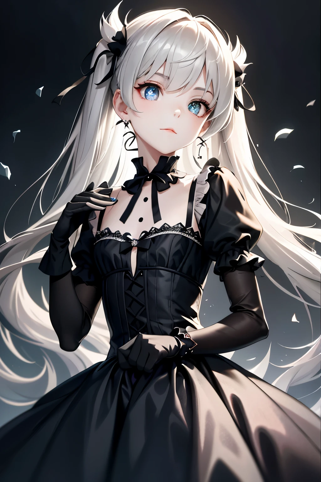 best，Super masterpiece， hight resolution， top-quality， nffsw， super detailing， awardwinning， 16 K，（The upper part of the body），A beautiful maiden， Grey Hair，Strands of hair，（（Iris heterochromic pupil）），Hanging eye corners，Fair skin，（Small chest），（Slim body），（（Gothic style clothing）），（neck rings），（Gloves as short as half a palm）