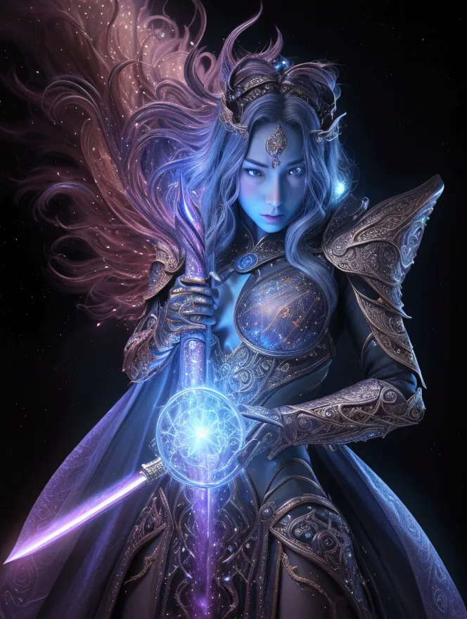 a cosmic being, cosmic sword, 2d art, magical, detailed digital art, highly detailed, cinematic, dramatic lighting, glowing ener...