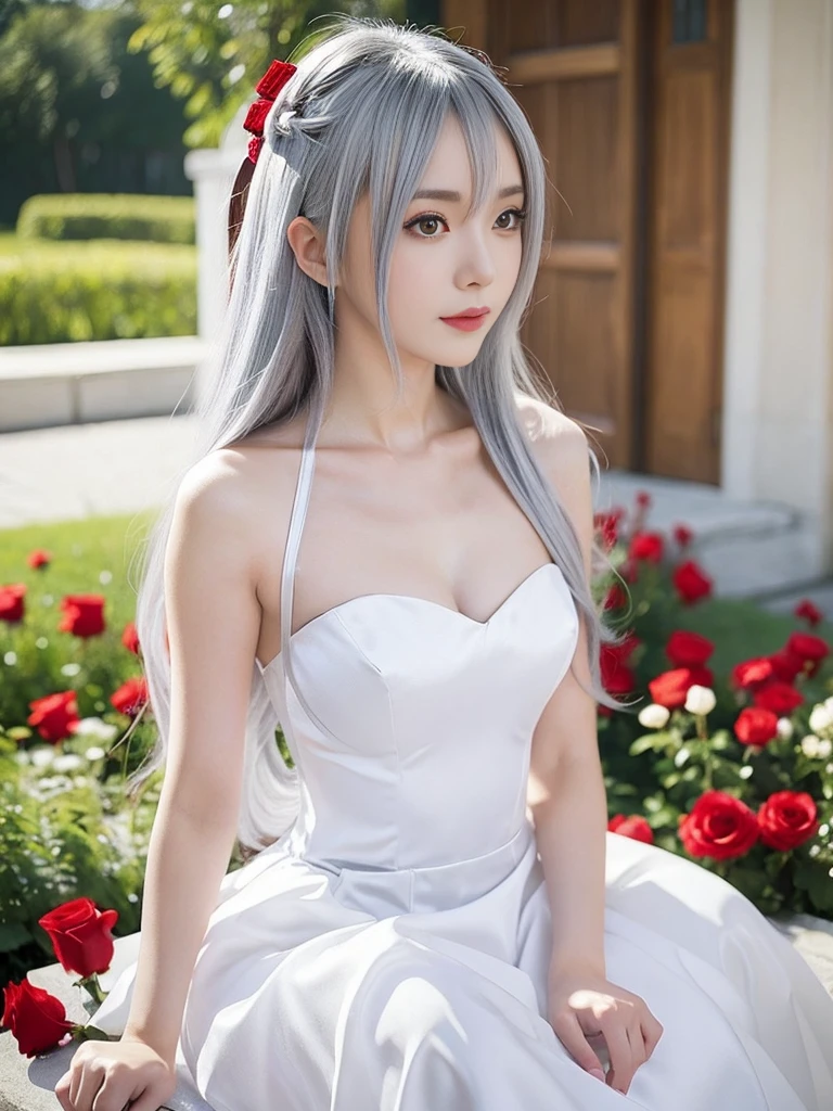 a woman in a white dress with red roses in her hair, extremely detailed and realistic lingerie, anime cosplay, anime girl cosplay, cosplay photo, anime style mixed with fujifilm, cosplay, white-haired goddess, beautiful kitsune woman, cosplayer, white cat girl, girl with silver hair, nekomimi, realistic anime girl, ayaka cosplay, white princess hairstyle