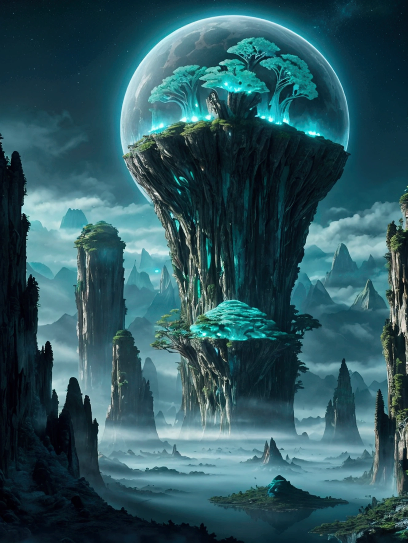 a mythical planet, detailed landscape of an alien world, massive towering mountains, dense lush forests, glowing bioluminescent plants, floating islands, crystalline lakes, dramatic lighting, epic cinematic composition, intricate mechanical structures, advanced alien architecture, hyper-detailed textures, rich vibrant colors, masterpiece, 8k, photorealistic