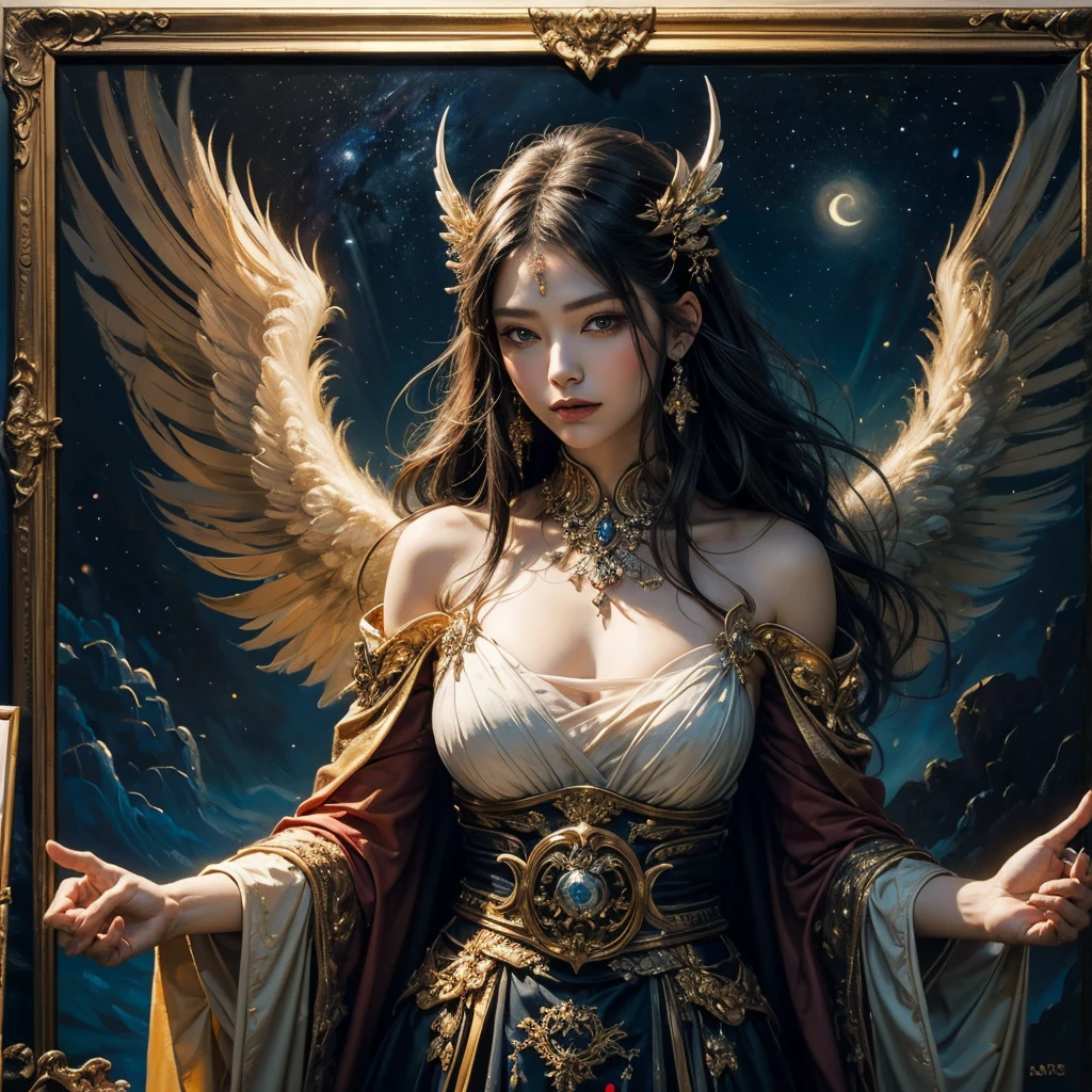 (Tabletop, Highest qualityの, (((((woman)))))、Highest quality, Official Art, (beautifully、beautiful:1.4), (Oil painting:1.4) ),（（male））  (lucifer), God of Japanese God Stories々々, fleeting beauty, A mysterious god illuminated by the starry sky, Winged Angel、god&#39;Grace, Calm and thoughtful expression, Flowing Heavenly Robe, Dazzling silver stars light up the night view, Dance of shadows and lights, Whispers of Ancient Legends、