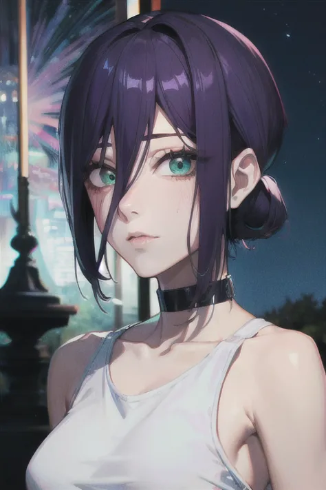 (highest quality)、(highest quality)、cut、chainsaw man、cute、(choker).eyes are emerald、her hair is purple、short bob、beautiful night...