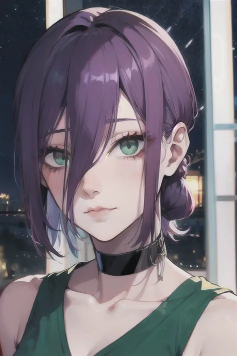 (highest quality)、(highest quality)、cut、chainsaw man、cute、(choker).eyes are emerald、her hair is purple、short bob、beautiful night...