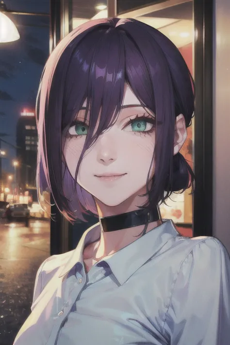 (highest quality)、(highest quality)、cut、chainsaw man、cute、(choker).eyes are emerald、her hair is purple、short bob、beautiful night...