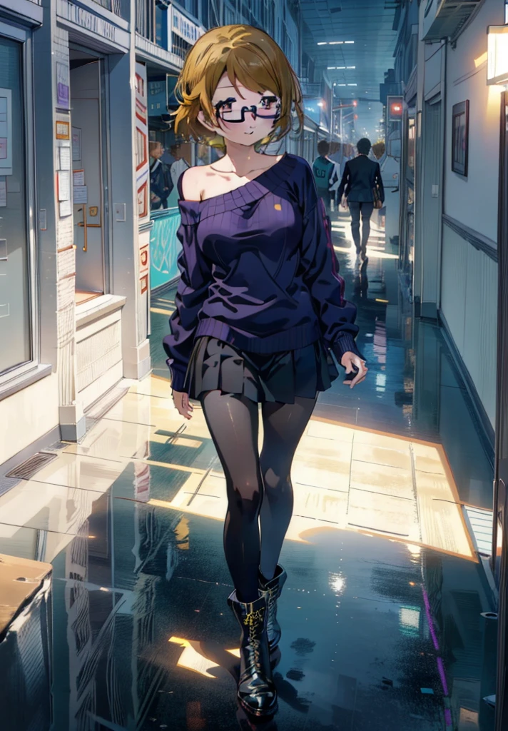 Hanayo Koizumi, hanayo　Koizumi, short hair, Brown Hair, Purple eyes,Big Breasts,Black-rimmed glasses,smile,Open your mouth,blush,Green one-shoulder sweater,mini skirt,Black pantyhose,short boots,Walking,morning,morning陽,The sun is rising,On the way to school,whole bodyがイラストに入るように,　　　　　　　　　　　　　　　　　　　　break looking at viewer, whole body,　　　　　　　　　　　　　　　　　　　break outdoors,University, School building,　　　　　　　　　　　　break (masterpiece:1.2), Highest quality, High resolution, unity 8k wallpaper, (shape:0.8), (Beautiful attention to detail:1.6), Highly detailed face, Perfect lighting, Highly detailed CG, (Perfect hands, Perfect Anatomy),