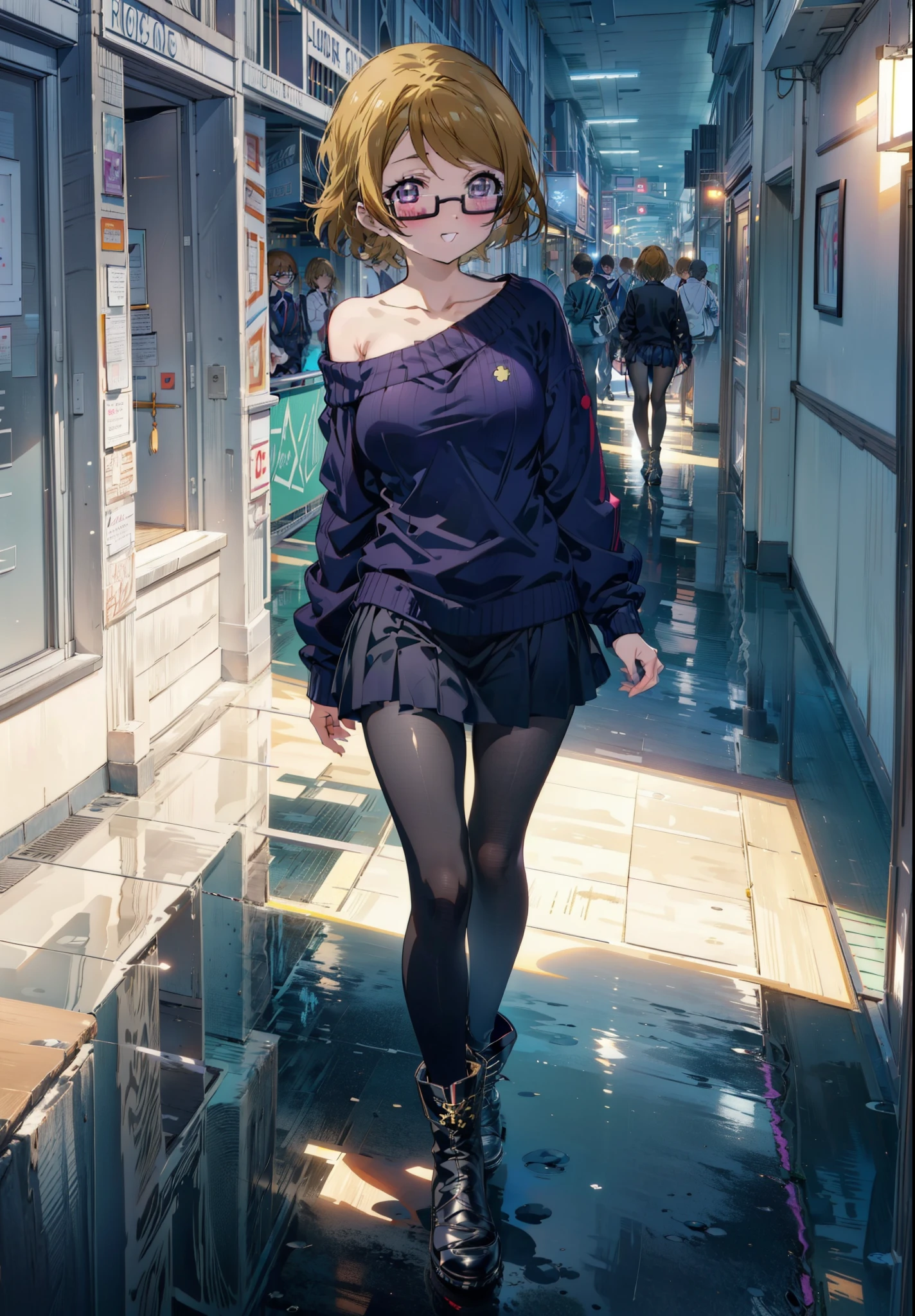 Hanayo Koizumi, hanayo　Koizumi, short hair, Brown Hair, Purple eyes,Big Breasts,Black-rimmed glasses,smile,Open your mouth,blush,Green one-shoulder sweater,mini skirt,Black pantyhose,short boots,Walking,morning,morning陽,The sun is rising,On the way to school,whole bodyがイラストに入るように,　　　　　　　　　　　　　　　　　　　　break looking at viewer, whole body,　　　　　　　　　　　　　　　　　　　break outdoors,University, School building,　　　　　　　　　　　　break (masterpiece:1.2), Highest quality, High resolution, unity 8k wallpaper, (shape:0.8), (Beautiful attention to detail:1.6), Highly detailed face, Perfect lighting, Highly detailed CG, (Perfect hands, Perfect Anatomy),