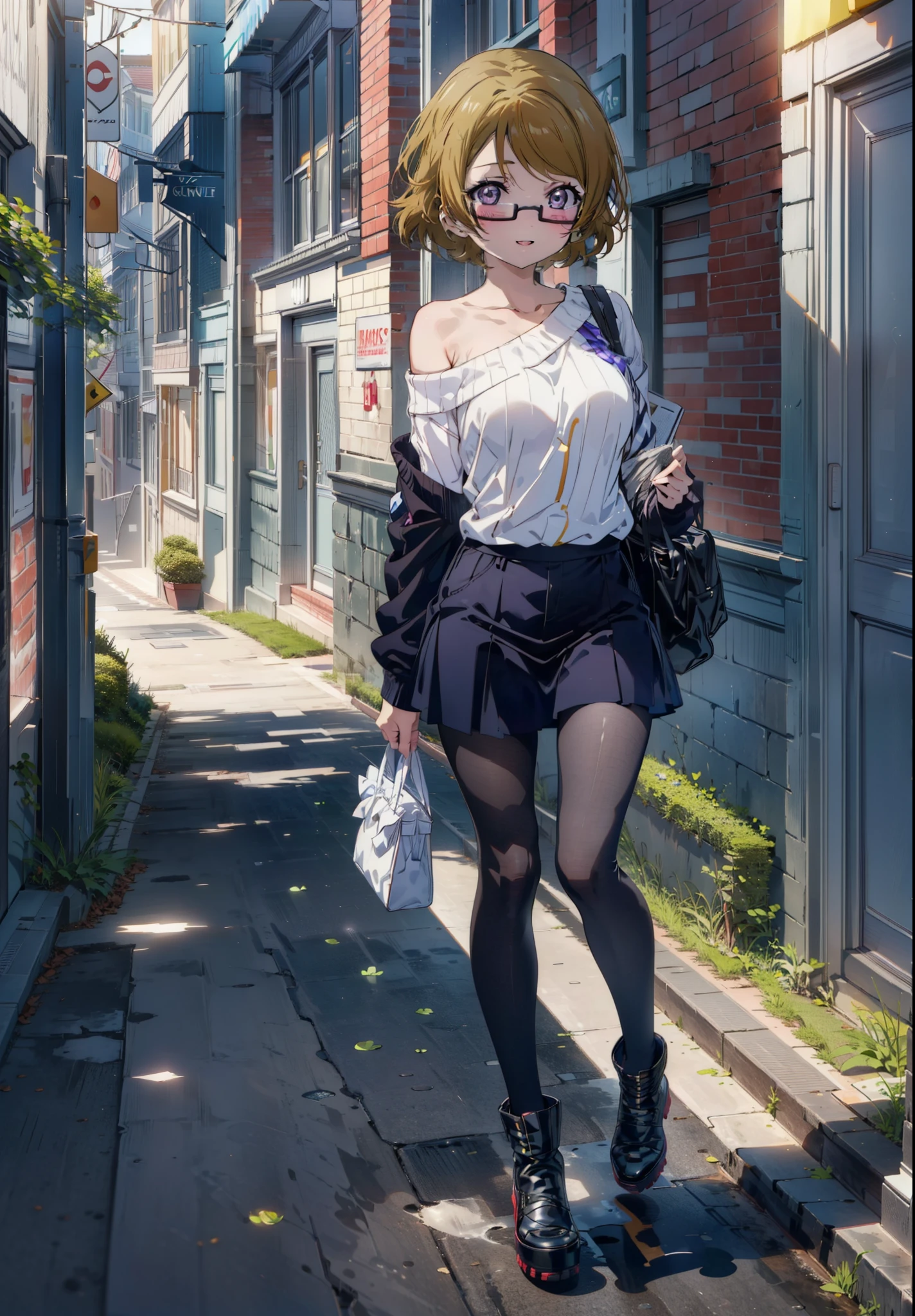 Hanayo Koizumi, hanayo　Koizumi, short hair, Brown Hair, Purple eyes,Big Breasts,Black-rimmed glasses,smile,Open your mouth,blush,Green one-shoulder sweater,mini skirt,Black pantyhose,short boots,Walking,morning,morning陽,The sun is rising,On the way to school,whole bodyがイラストに入るように,　　　　　　　　　　　　　　　　　　　　break looking at viewer, whole body,　　　　　　　　　　　　　　　　　　　break outdoors,University, School building,　　　　　　　　　　　　break (masterpiece:1.2), Highest quality, High resolution, unity 8k wallpaper, (shape:0.8), (Beautiful attention to detail:1.6), Highly detailed face, Perfect lighting, Highly detailed CG, (Perfect hands, Perfect Anatomy),